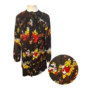 Vintage 60s Sears Black Abstract Yellow White Red Floral Peasant Blouse M